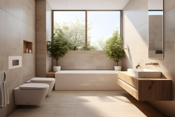 Fototapeta na wymiar Bright, modern bathroom with marble and wood accents, flooded with natural light through large windows.
