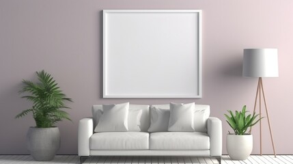 Square picture frame in gray color on the wall in a colorful interior room for posters and product showcase and copy space. Modern interior room for posters.