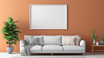 Square picture frame in gray color on the wall in a colorful interior room for posters and product showcase and copy space. Modern interior room for posters.