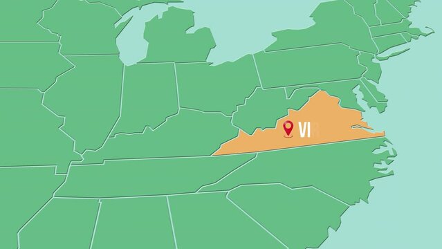 Mapa de los Estados Unidos de Am&eacute;rica con divisi&oacute;n pol&iacute;tica resaltando el estado de Virgina