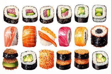 Collection of different types of sushi arranged on clean white surface. Perfect for food lovers and restaurant menus.