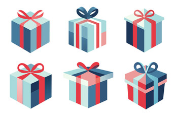 Set of Gift box with bow and red ribbon. Surprise Present Unwrapped Prize Reward Package Special Holiday Christmas Birthday Chocolate Graphic Element Cartoon Modern flat vector illustration