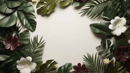 Creative layout made of tropical leaves and flowers on white background. Flat lay, top view