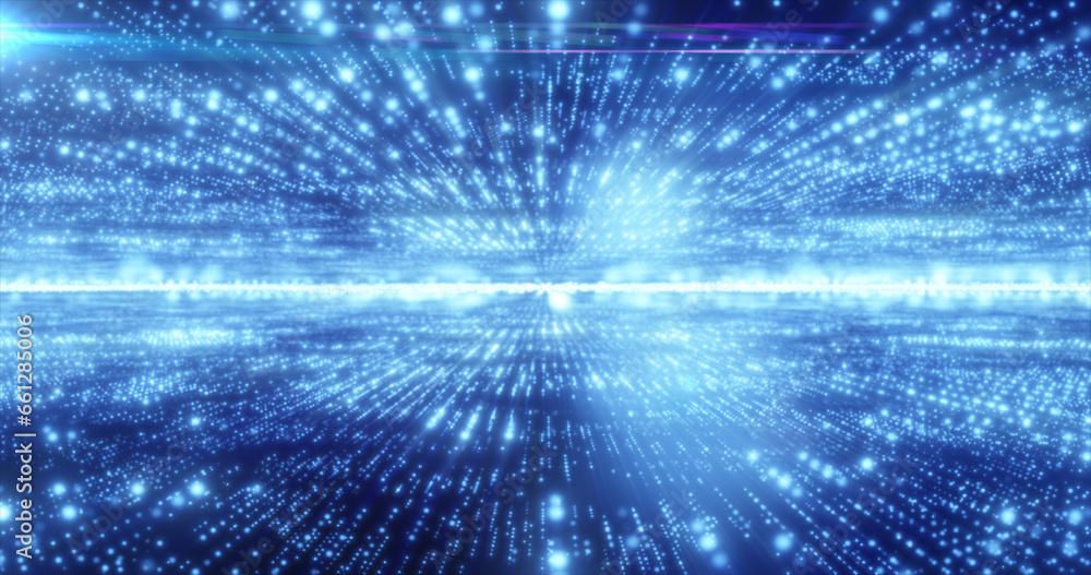 Poster abstract blue energy hi-tech lines and digital particles fly in a tunnel with bokeh effect glowing b