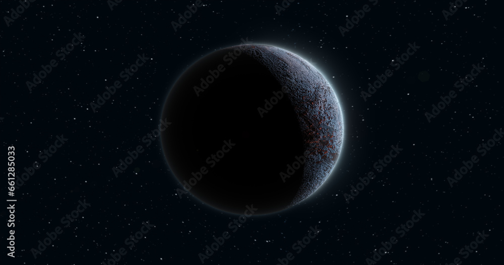 Poster abstract realistic futuristic planet round sphere against the background of stars in space