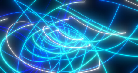 Abstract blue and purple glowing neon energy laser lines flying on a black background