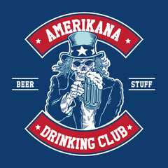 Uncle Sam Skull with Glass of Beer Hand Drawn Vector Illustration in Patch Design Style Drinking Club