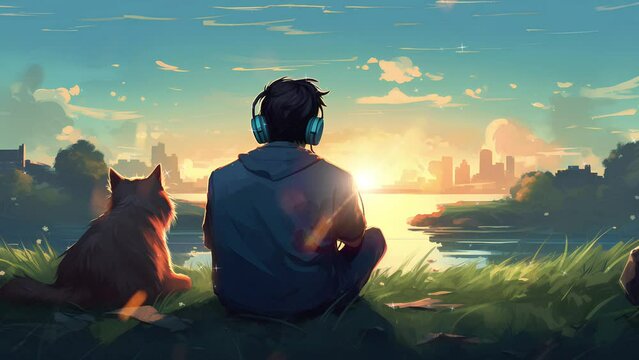The young man and his pet cat sat together while enjoying music and enjoying the view of the city on the side of a calm river with the sunset. Seamless looping animated background.