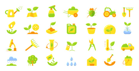 Agriculture and gardener. Set of color flat icons. Growing plant. Vector.