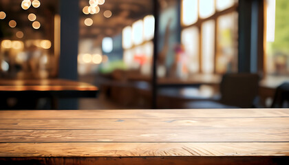 Obraz na płótnie Canvas Empty top wooden table with a blurred bokeh background of coffee shop - For product display