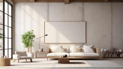 White and wooden living room interior with a concrete floor, loft windows, a beige sofa, a coffee table and a poster.