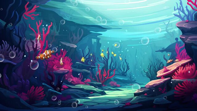 Tropical colorful seascape. Ecosystem Life in the coral reef. Animated looping background.