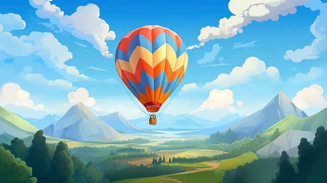 An Adventurous Hot Air Balloon Ride In Open Skies, Captured From An Aerial Angle, Showcasing The Thrill And Wonder Of Floating High Above The Earth