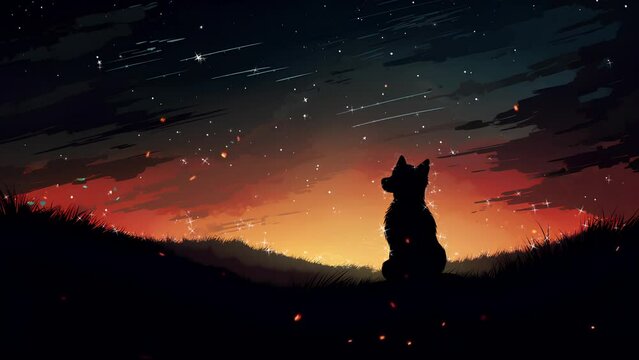silhouette of cute dog sitting at afternoon enjoying the sky full of stars. Seamless looping animated background
