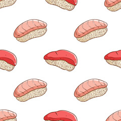 tasty sushi in seamless pattern with coloring hand drawn style. japanese food sushi