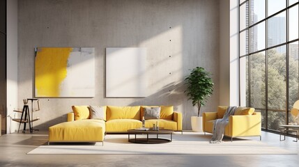 White wooden living room corner with a concrete floor, panoramic windows, yellow sofas near a coffee table and a large vertical poster.