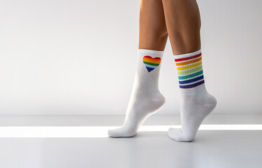 Human legs wearing rainbow socks as LGBT flag.