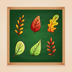 colorful autumn leaves on green board. hand drawing maple leaf collection