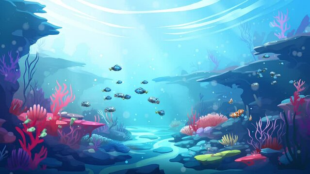 scene of life under the sea. beautiful fish swimming. beautiful colorful coral reef plants. animated cartoon videos