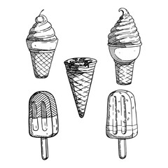 hand drawing ice cream collection. ice cream cone and cup with sketch style
