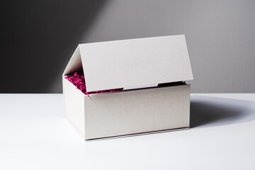 Square gift box, luxury shopping, mock up. White and gray background. Studio shot - 661286855