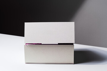 Square gift box, luxury shopping, mock up. White and gray background. Studio shot - 661286878