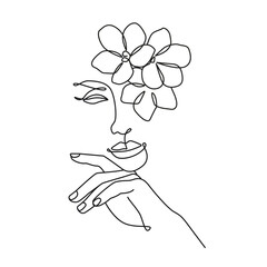 Woman Silhouette with Flowers Outline Drawing. Female Face with Flowers Creative Abstract Line Drawing. Woman Beauty Fashion Art. Vector Minimalist Design for Wall Decor, Print, Card, Poster