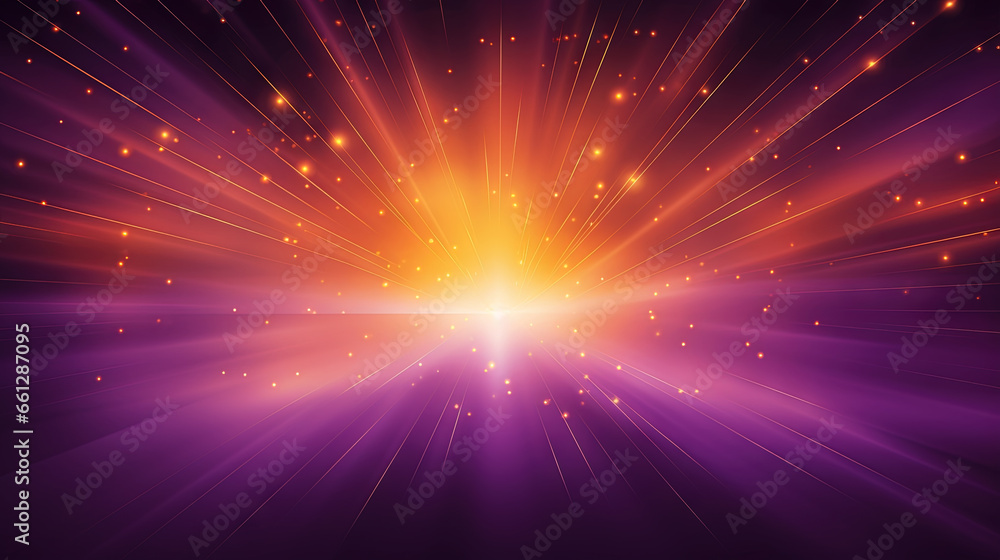 Poster abstract backgound with purple and orange light rays. god rays or light burst with bokeh.