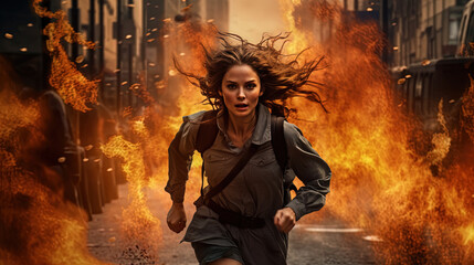 Fototapeta premium Action shot with woman on the run. Dynamic scene in action movie blockbuster style.