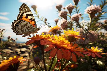 Obraz premium Butterfly on the colorful flowers and plants. Calm nature scene with dreamy colors.