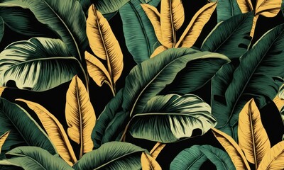 Tropical exotic seamless pattern with color vintage banana leaves, palm and colocasia. Hand-drawn 3D illustration. Good for production wallpapers, cloth, fabric printing, Generative AI
