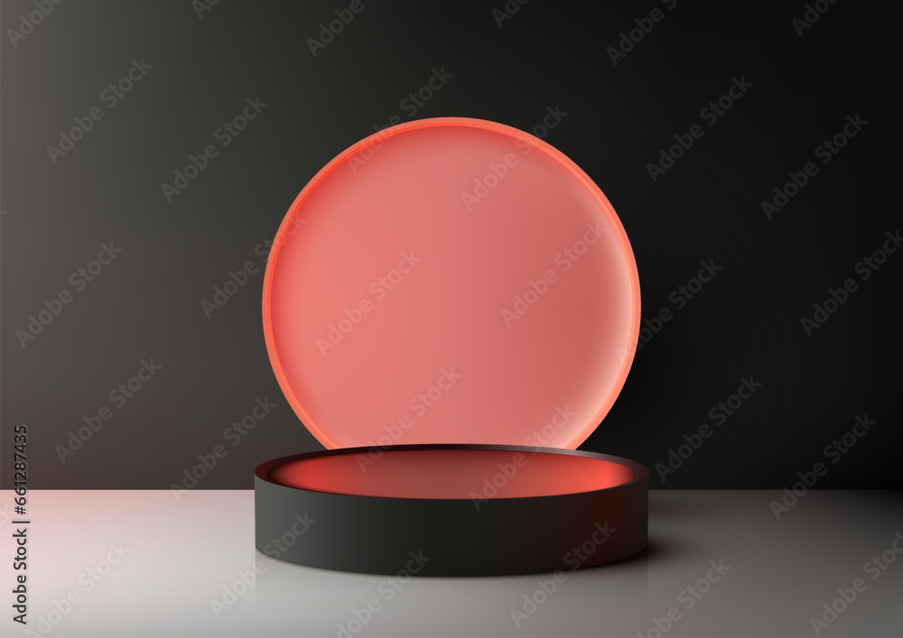 Poster 3d realistic black colors empty podium platform with pink neon color circle backdrop product display