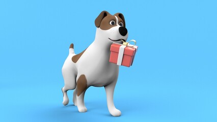 Cartoon dog holding red gift box in mouth isolated on blue background. Pet walk with Christmas, New Year, Birthday, Valentine celebration present. 3D rendering.