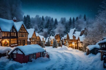 A card with a Christmas village covered in snow.