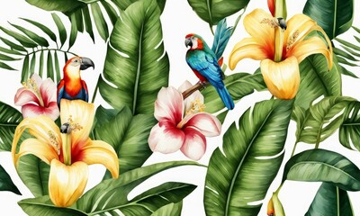 Tropical background, seamless border, pattern. Vintage jungle, green banana leaves, palm, exotic flowers, birds. Hand-painted watercolor 3D illustration. Floral foliage. Luxury wallpaper,Generative AI