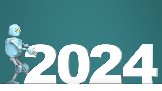 Retro robot builds with numbers 2024 new year card poster celebration.