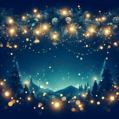 Fototapeta premium A dark blue background, adorned with Christmas garland bokeh lights, beautifully embodies the holiday spirit