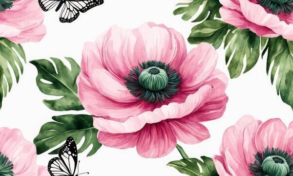 Pink anemone flowers, butterflies, green leaves. Floral background, seamless pattern. Hand-painted watercolor vintage 3d illustration. Dark abstract background. Luxury wallpaper, cloth, Generative AI