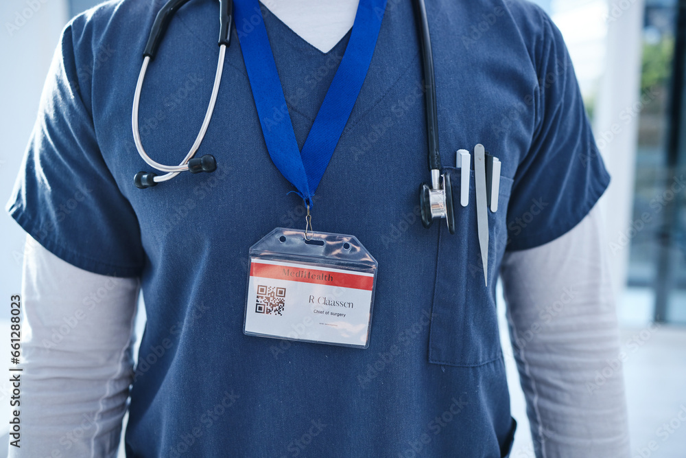 Poster Close up, doctor and medical hospital with stethoscope, morning sunrise and name tag. Healthcare, service professional and work for wellness, scrubs and worker for employee, surgeon and medicare