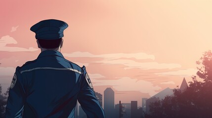 Back view of a police man looking at city. A heroic policeman at work