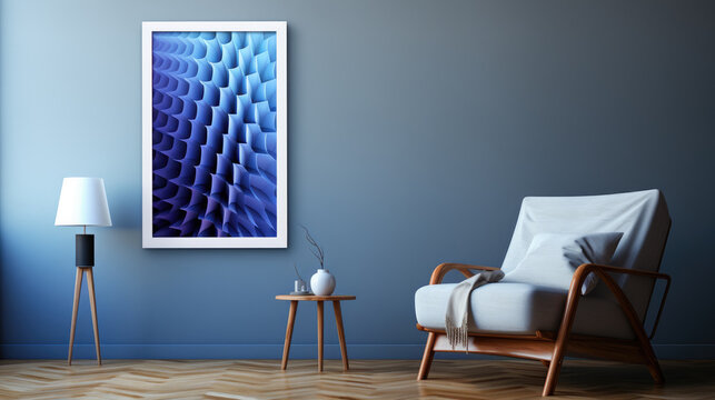 Minimalistic modern room design showcasing a large framed abstract blue artwork
