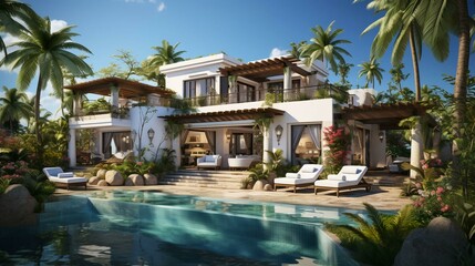 Large white holiday villa, relaxing holiday home surrounded by palm trees in a tropical warm country resort