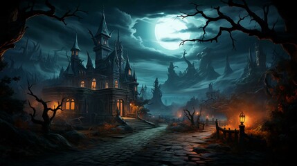 Castle and pumpkins with scary faces at night in the forest for the holiday of Halloween