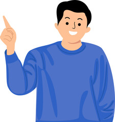 young man pointing index finger at copy space