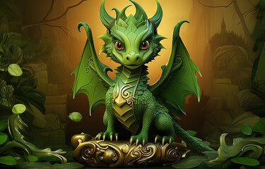 Young green dragon, mysterious creature from farytales and symbol of 2024 lunar year in Chinese calendar.