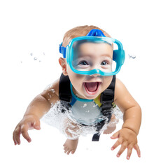 smiling baby swimming with diving mask