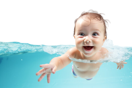happy smiling baby is swimming