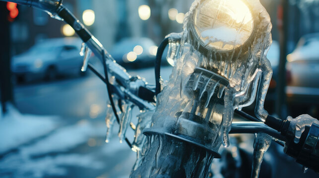 Closeup of frozen motorcycle  Generative Ai