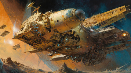 Space ships battle over alien planet in 80s books style. Retro science fiction illustration.