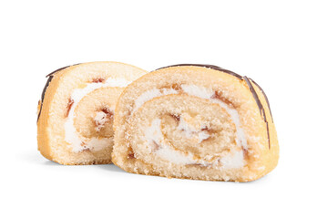 Pieces of sweet sponge cake roll on white background